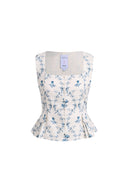 Elara Pleated Floral Square Neck Pearl Button Sleeveless Top in Linen Blend