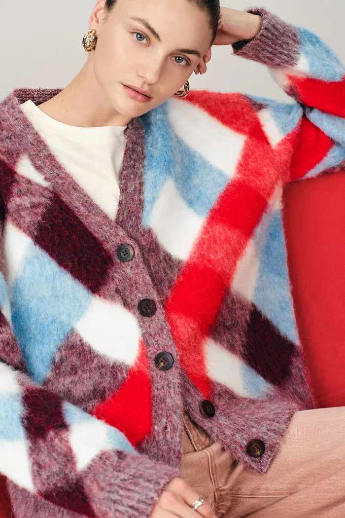 Svala Twisted Plaid Cropped Cardigan in Wool Alpaca Blend