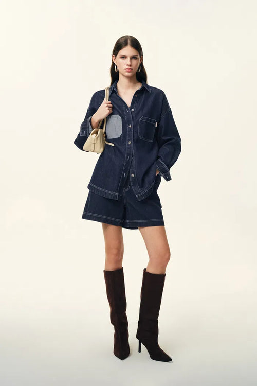 Harlow Contrast Stitch Denim Shirt and Shorts Set in Lightweight Cotton Denim