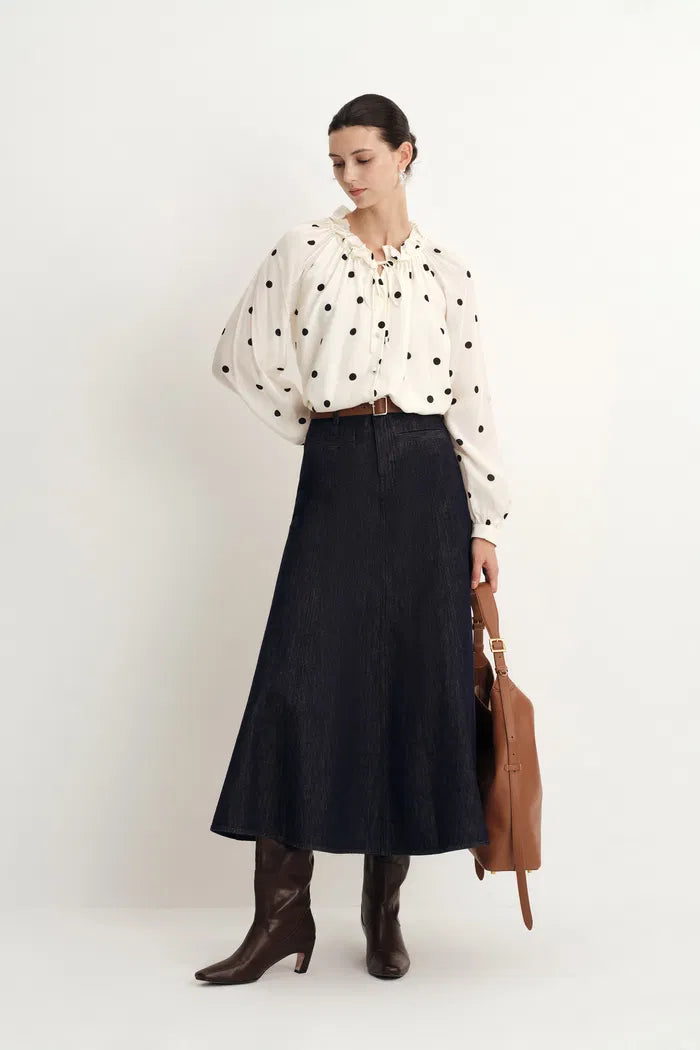 Kari Ruffle Neckline  Polka Dot Blouse in Silk Satin
