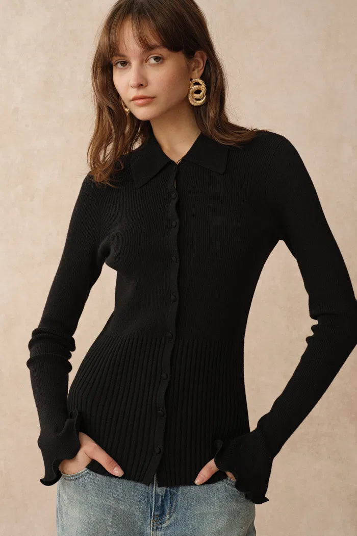 Katia Black Wavy Cuff Fitted Cardigan in Stretchy Merino Wool Cable Knit