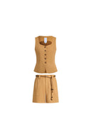 Suzane Handwork besticktes ärmelloses Top mit gewelltem Saum und Shorts-Set aus Leinenmischgewebe
