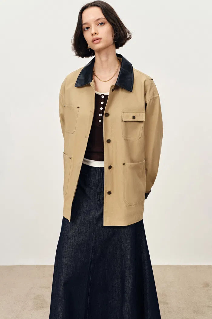 Claire Leather Trim Utility Jacket in Cotton Canvas