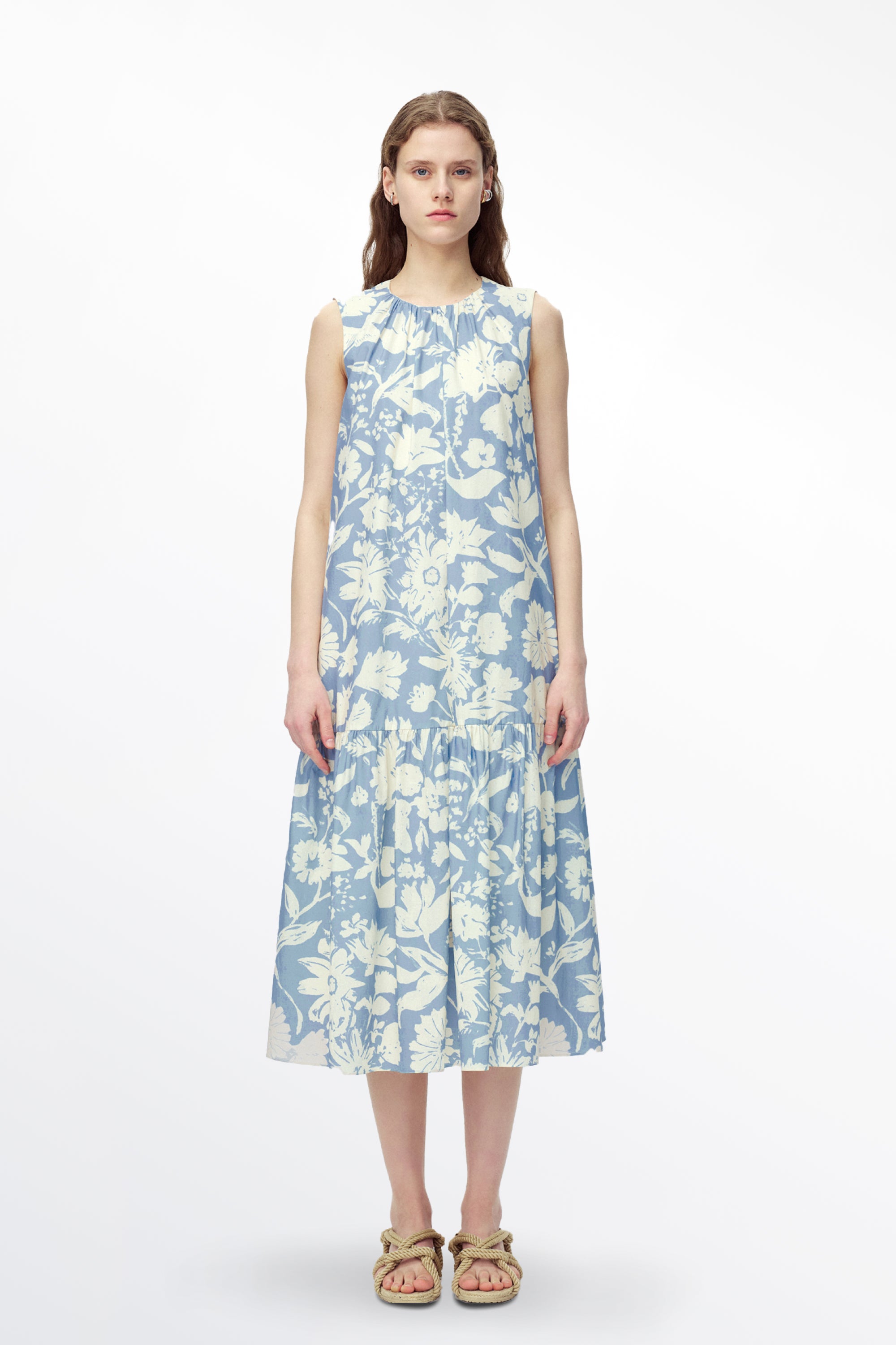 Sky Flora Print Sleeveless Dress in Cotton Poplin