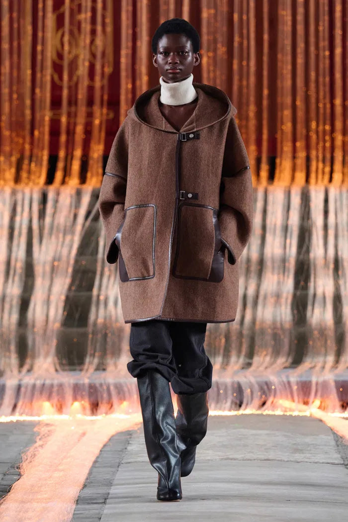 Selva Short Leather Trim Hooded Wool Coat in Merino-Alpaca Twill