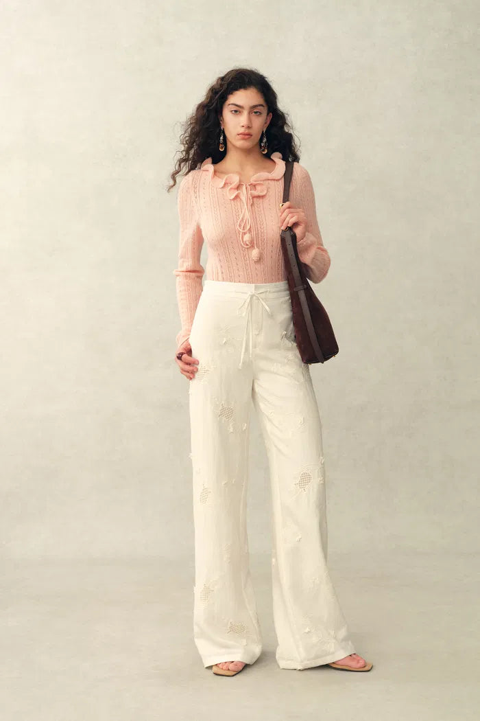 Anna Eyelet Pants in Silk Linen Blend