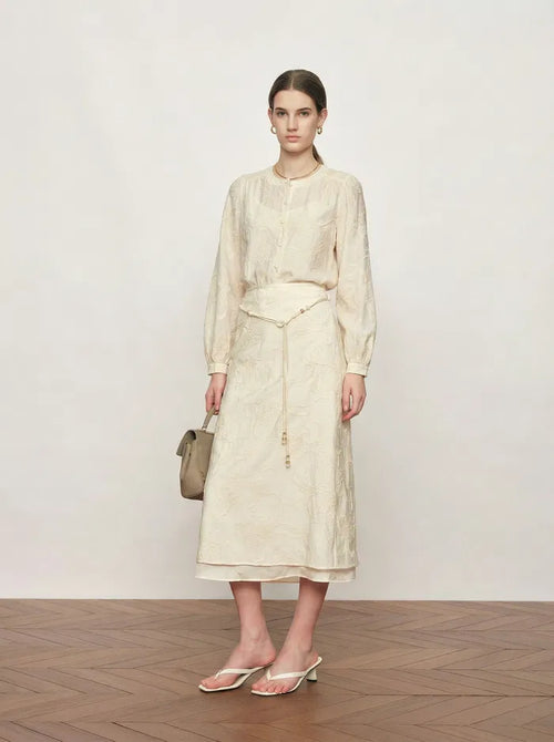Veyra Embroidered Collarless Shirt and Skirt Matching Set in Lightweight Cotton Blend