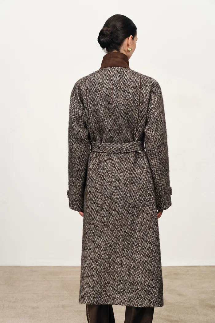 Audrey Plaid Wool Coat in Herringbone Merino Wool