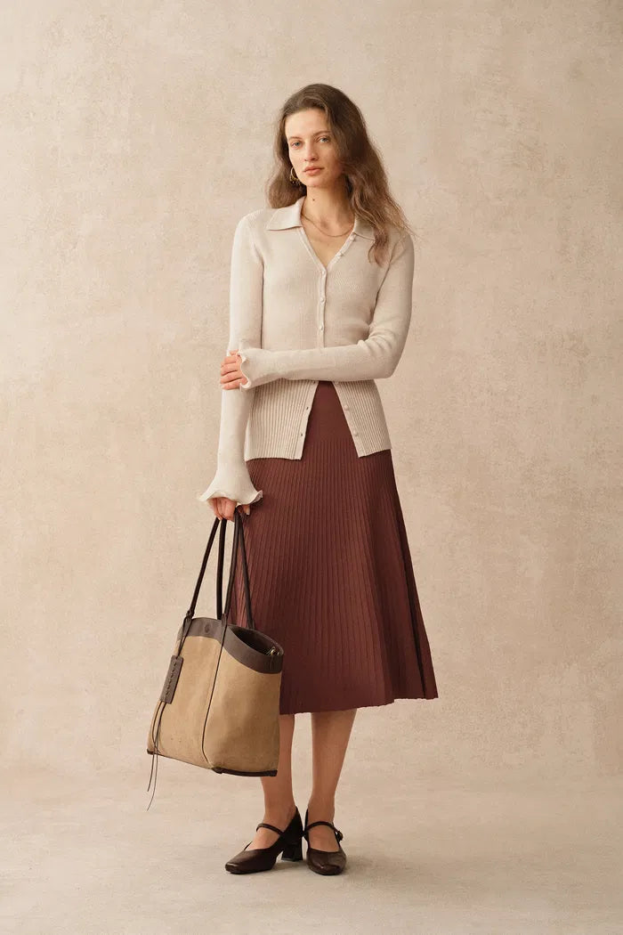 Katia Beige Wavy Cuff Fitted Collared Cardigan in Stretchy Merino Wool Cable Knit