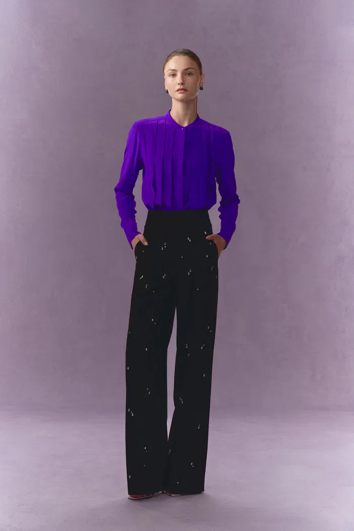 Thalia Silk Tuck Pleated Blouse in Matted Silk Crepe