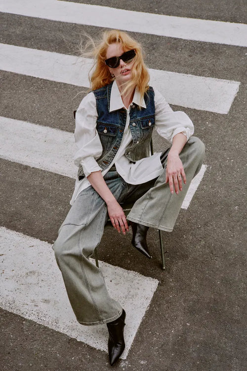 Winona Gradient Collar Short Vest in Cotton Denim