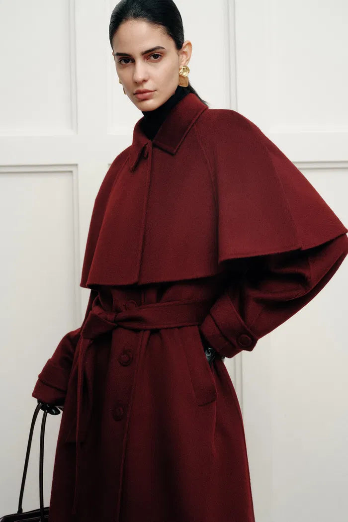 Brianna Belted Detachable Cape Trench Coat in Merino Wool Double-Face