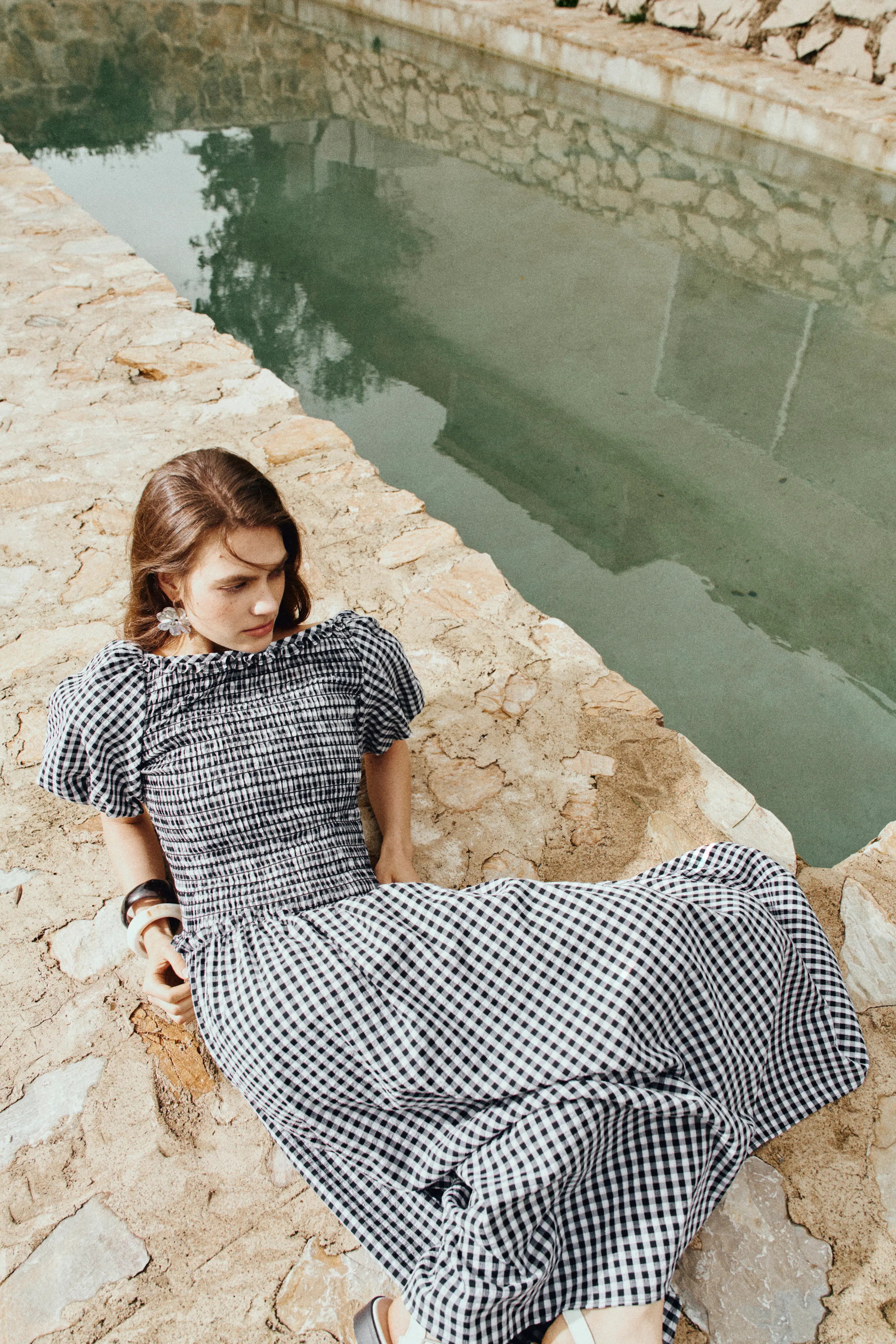 Vivinea Gingham Smocked Puff-Sleeve Dress in Cotton
