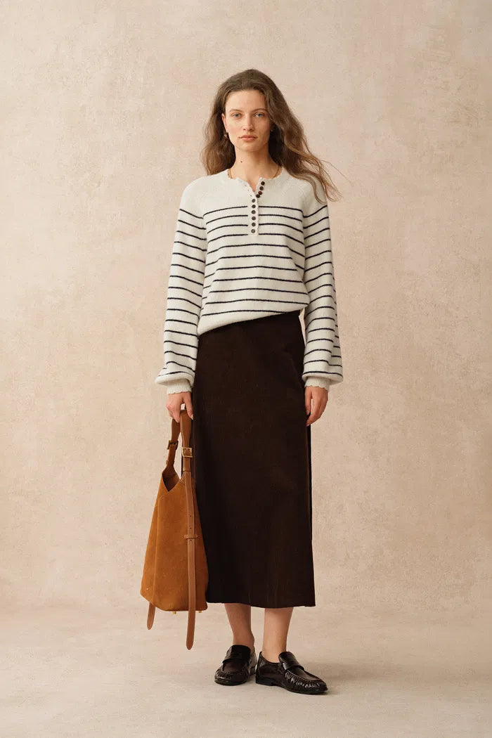 Rhea Scalloped Henley Striped Sweater in Wool-Alpaca Knit