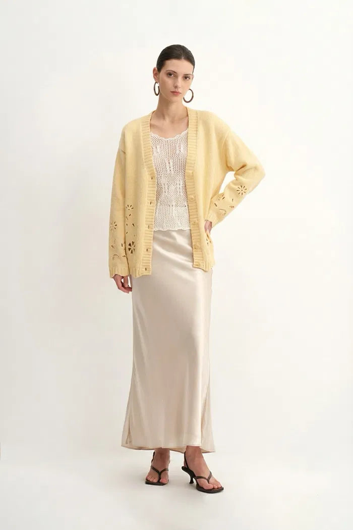 Daisy Openwork Embroidered Cardigan in Cotton Merino Wool Blend Knit