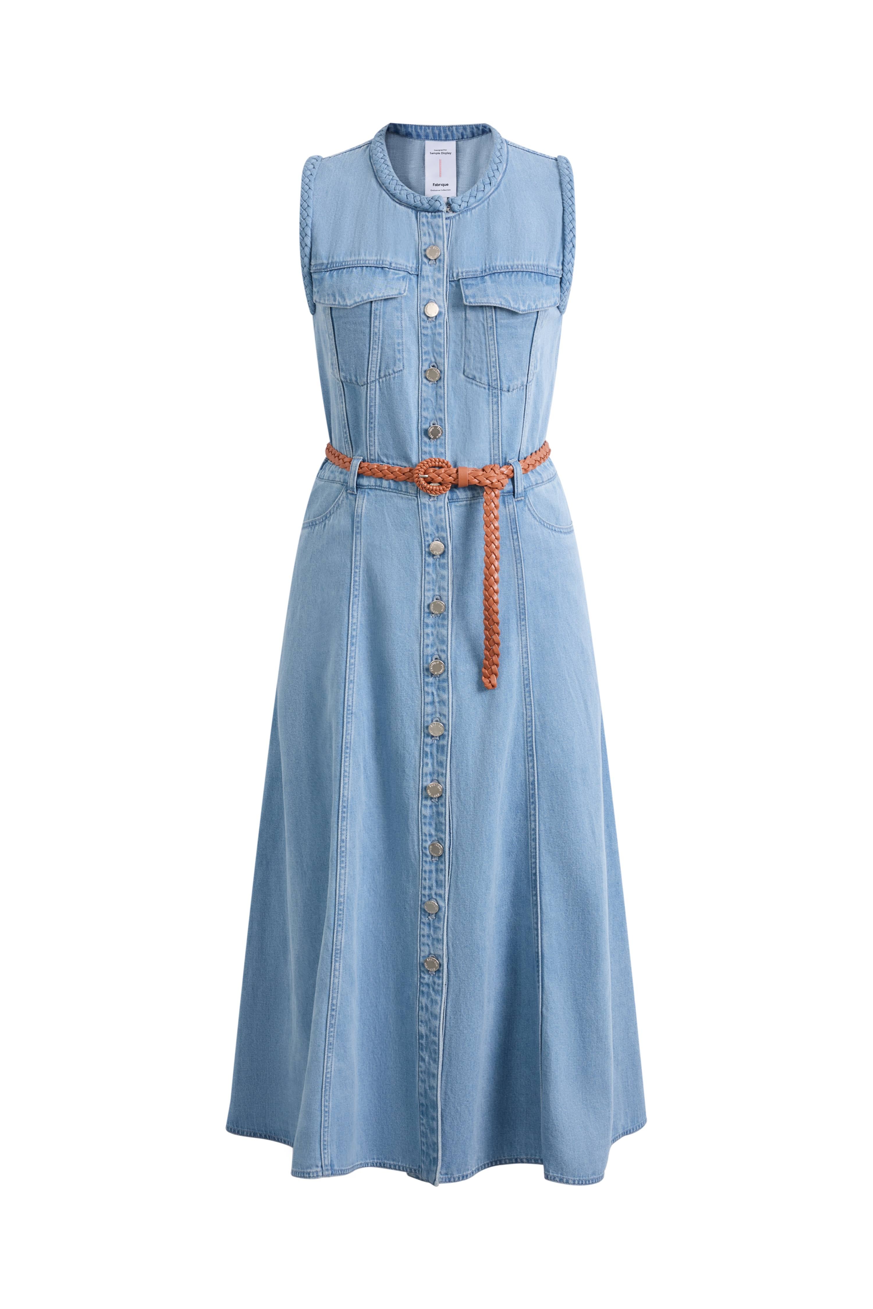 Nova Woven Strap Detail Sleeveless Denim Dress in Cotton-Linen Denim