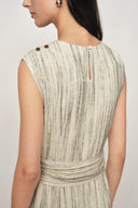Linen blend textured stripe sleeveless dress shown from the back with draped waist and button detail