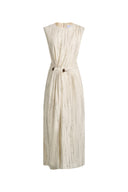 Cream linen blend sleeveless maxi dress with textured vertical stripes and gathered waist tie
