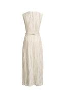 Cream sleeveless textured stripe midi dress with draped waist and soft flowing skirt