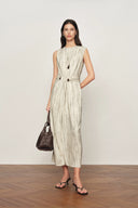 Sleeveless textured stripe dress with draped waist and broad straps