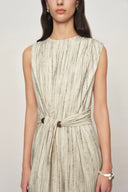 Sleeveless textured stripe linen blend dress with a draped waist and wrapped skirt effect