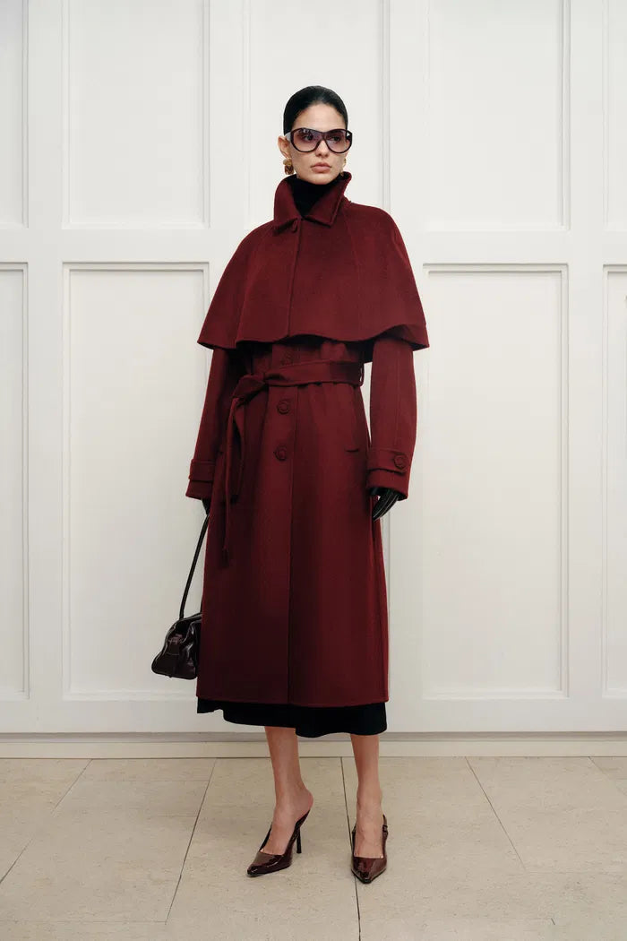 Brianna Belted Detachable Cape Trench Coat in Merino Wool Double-Face