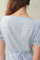 Gisele Lace Panel Checkered Square Neck Puff Sleeve Dress in Cotton