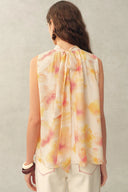 Charlotte Handpainted Floral Neck Tie Sleeveless Blouse in Silk Double Crepe