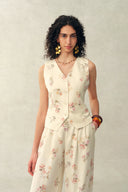 Flora Floral Sleeveless Vest Top in Linen Blend Suiting