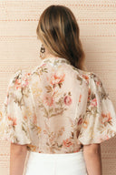 Floris Floral Print Sheer Lace Top in Silk Linen Blend