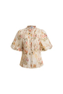 Floris Floral Print Sheer Lace Top in Silk Linen Blend
