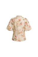 Floris Floral Print Sheer Lace Top in Silk Linen Blend