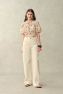 Floris Floral Print Sheer Lace Top in Silk Linen Blend