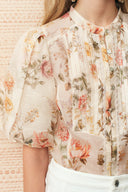 Floris Floral Print Sheer Lace Top in Silk Linen Blend