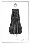Fashion sketch of a black long sleeve top with a sculptural bubble midi skirt