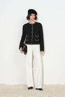 Grace Contrast Trim Boxy Cropped Cardigan in Wool Cotton Blend