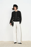 Grace Contrast Trim Boxy Cropped Cardigan in Wool Cotton Blend