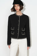 Grace Contrast Trim Boxy Cropped Cardigan in Wool Cotton Blend