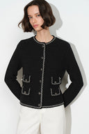 Grace Contrast Trim Boxy Cropped Cardigan in Wool Cotton Blend