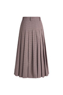 Mauve houndstooth pleated midi skirt with a high waist and asymmetric pleats