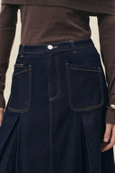 Grace Topstitched Pleated Skirt in Lyocell Denim