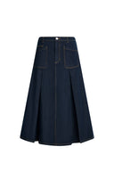 Grace Topstitched Pleated Skirt in Lyocell Denim