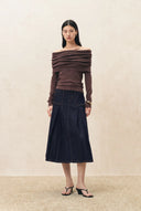 Grace Topstitched Pleated Skirt in Lyocell Denim