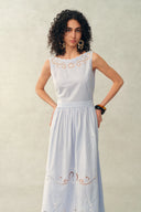 Gracie Striped Embroidered Open-back Sleeveless Dress in Crinkled Cotton