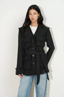 Graziosa Belted Fringed Safari Jacket in Wool Tweed