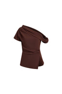 Hazel Asymmetric Ruched One Shoulder Side Slit Fitted Top in Triacetate Blend