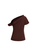Hazel Asymmetric Ruched One Shoulder Side Slit Fitted Top in Triacetate Blend