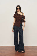 Hazel Asymmetric Ruched One Shoulder Side Slit Fitted Top in Triacetate Blend
