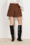 Hazel Lace Panel Belted Shorts in Faux Suede