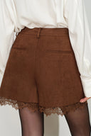 Hazel Lace Panel Belted Shorts in Faux Suede